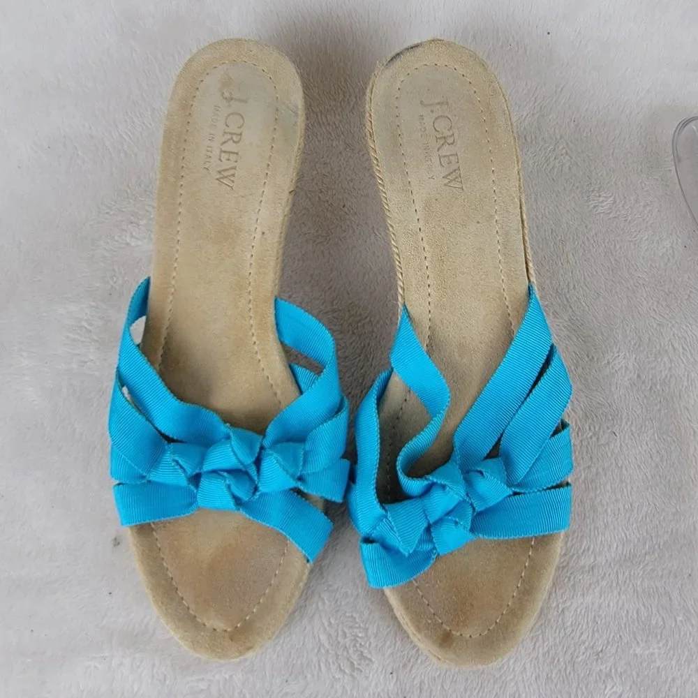 J. Crew Blue Strappy Espadrille Platform Mid Heels Wedge Sandals 8 Made in Italy
